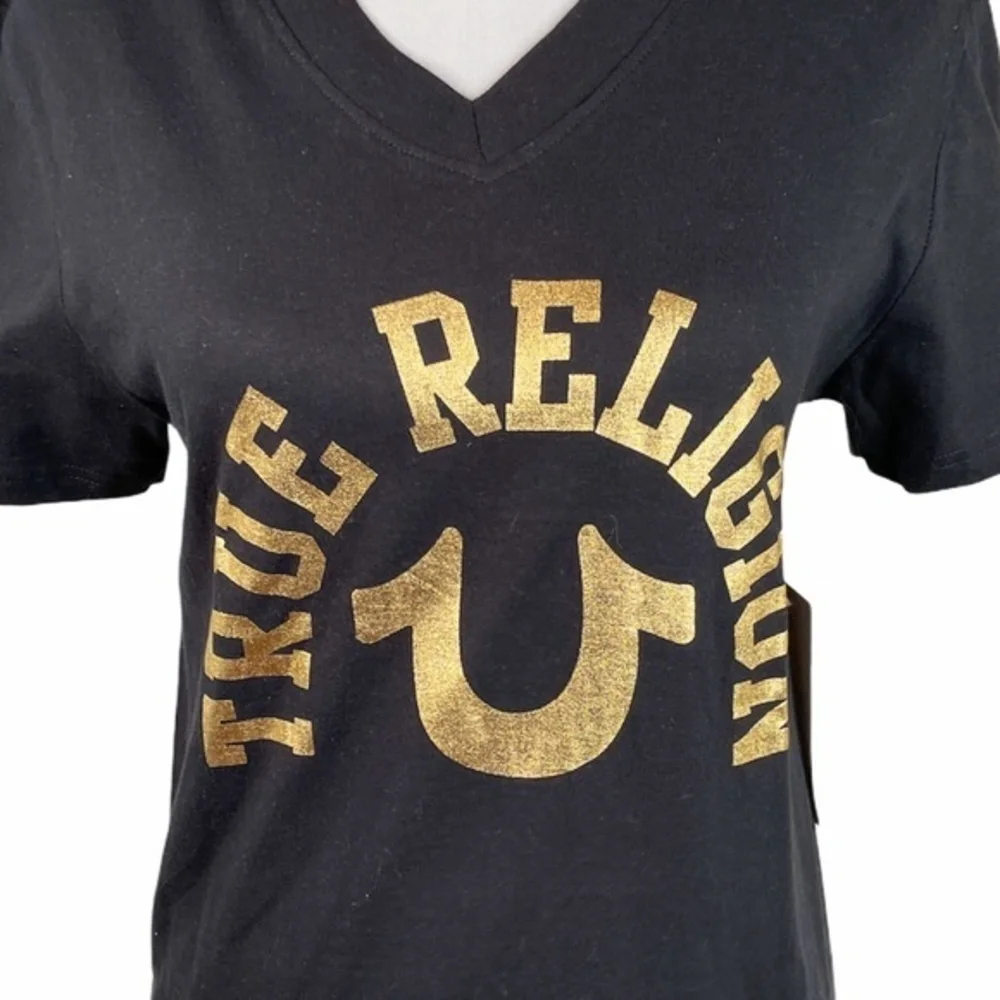 True Religion VNeck Shirt, Black, Gold, Small